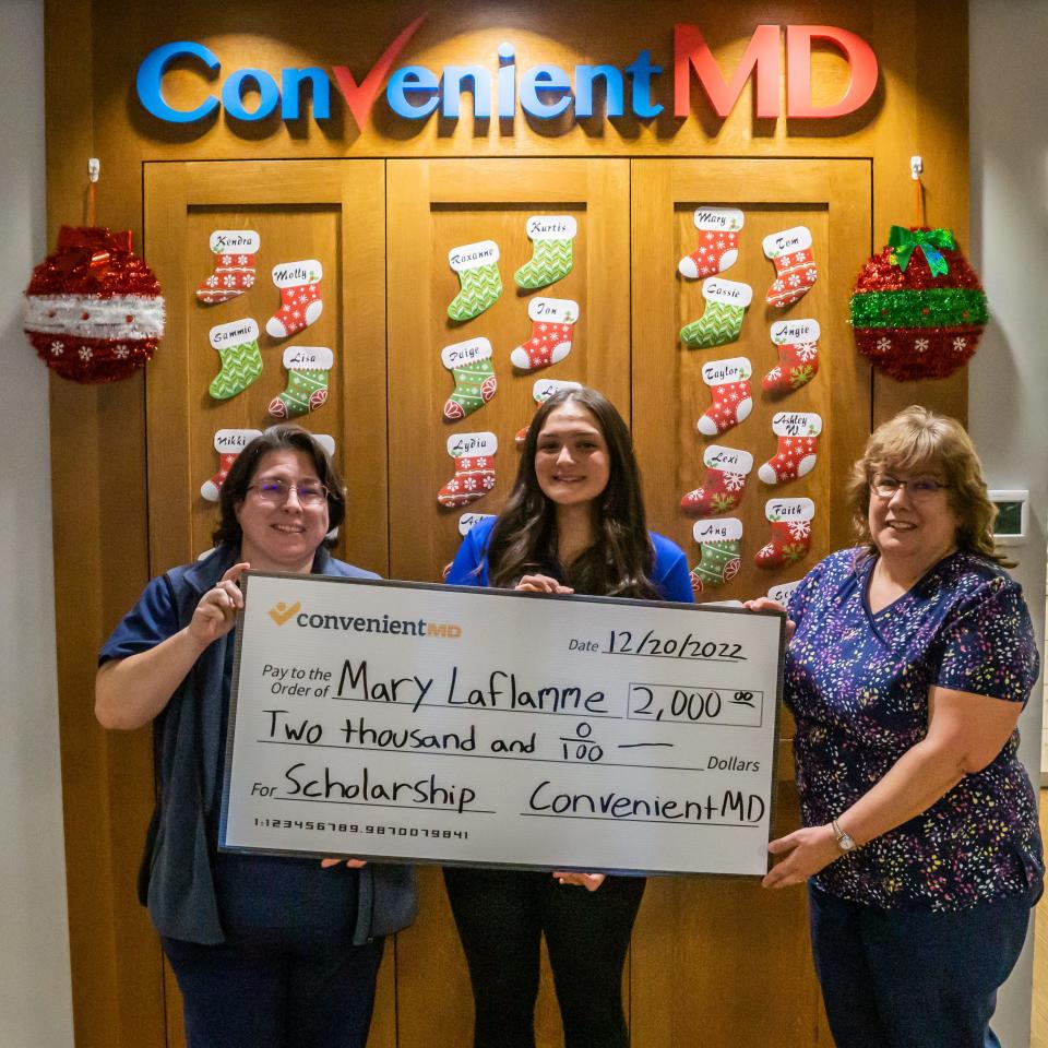 ConvenientMD presents its New Hampshire Student Scholarship award at its Dover urgent care clinic. From left to right is Dover Practice Manager Angella Pucillo-Driscoll, award recipient Mary Laflamme, and Somersworth High School Nurse Nan Soule.