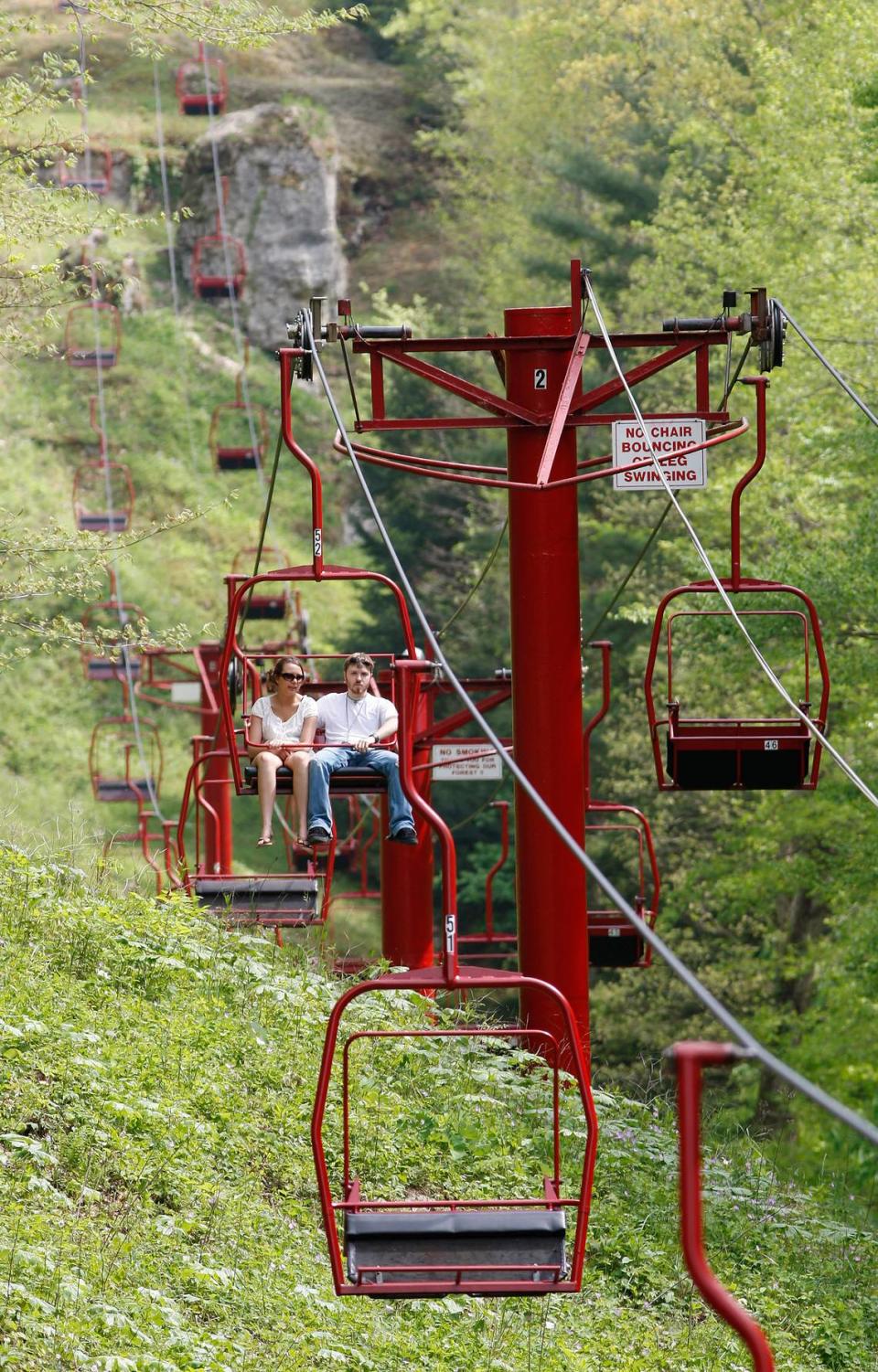 Sarah Evans, left, and Chad Cantrell, right, both from West Liberty, rode the skylift at Natural Bridge State Park in Slade, Ky. in 2008.