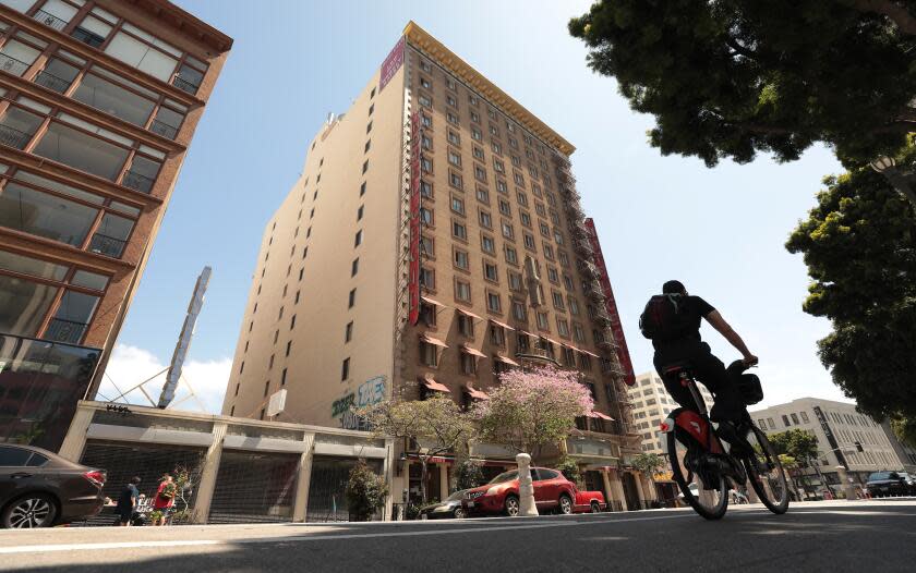 Los Angeles, CA - May 16: Cecil Hotel on Tuesday, May 16, 2023 in Los Angeles, CA. Tenants complain of difficult living conditions at the Cecil Hotel located at 640 S Main St, Los Angeles. The Cecil Hotel was built as a budget hotel in 1924 and in 2021 was reopened as an affordable housing complex operated by the Skid Row Housing Trust. The facility plans to provide affordable living accommodations for 600 low-income residents. In February 2017, the Los Angeles City Council voted to deem the Cecil a Historic-Cultural Monument, because it is representative of an early 20th-century American hotel and because of the historic significance of its architect's body of work. (Al Seib / For The Times)