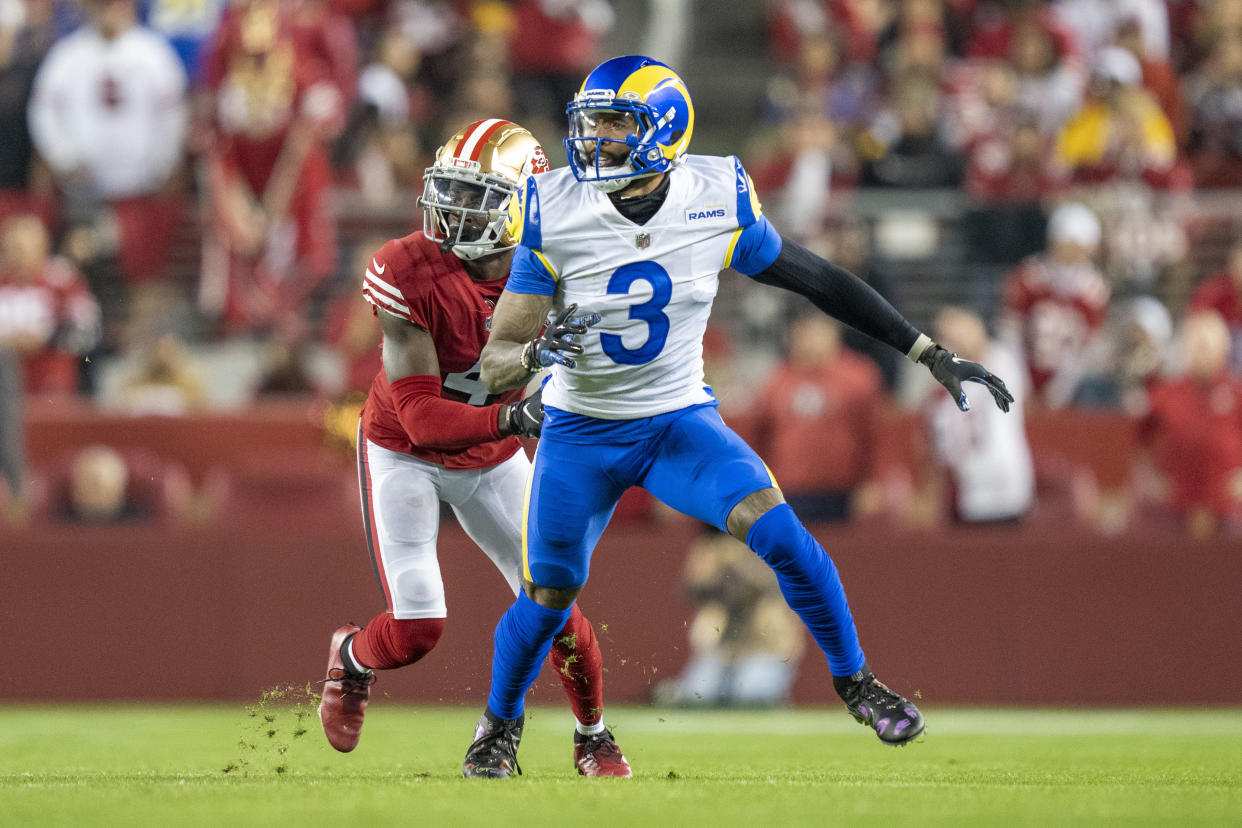 November 15, 2021; Santa Clara, California, USA; Los Angeles Rams wide receiver Odell Beckham Jr. (3) runs a route against San Francisco 49ers cornerback Emmanuel Moseley (4) during the first quarter at Levi's Stadium. Mandatory Credit: Kyle Terada-USA TODAY Sports