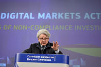 European Commissioner for Internal Market Thierry Breton addresses a media conference regarding the Digital Markets Act at EU headquarters in Brussels, Monday, March 25, 2024. The European Commission on Monday opened non-compliance investigations against Alphabet, Apple and Meta under the Digital Markets Act. (AP Photo/Virginia Mayo)