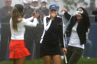 Matilda Castren, center, of Finland, reacts as she is doused with water and sparkling wine after winning the LPGA Mediheal Championship golf tournament at the Lake Merced Golf Club, Sunday, June 13, 2021, in Daly City, Calif. (AP Photo/Tony Avelar)