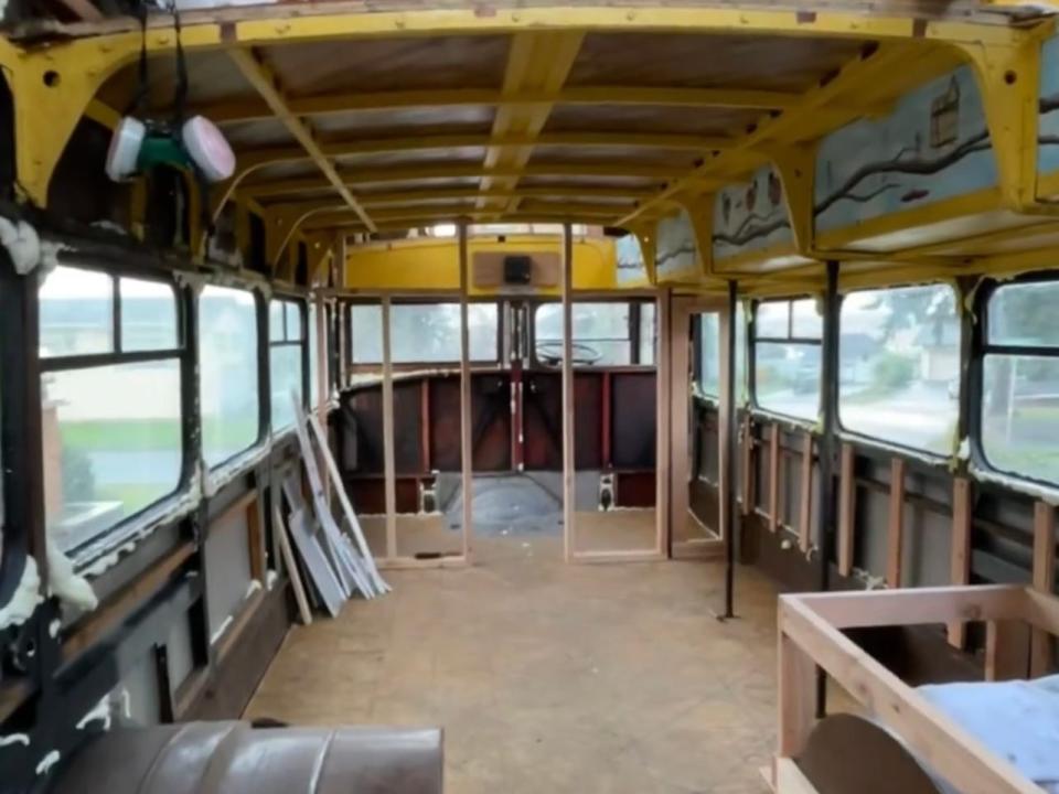 The bus after Scott gutted the original interiors and added the framings.
