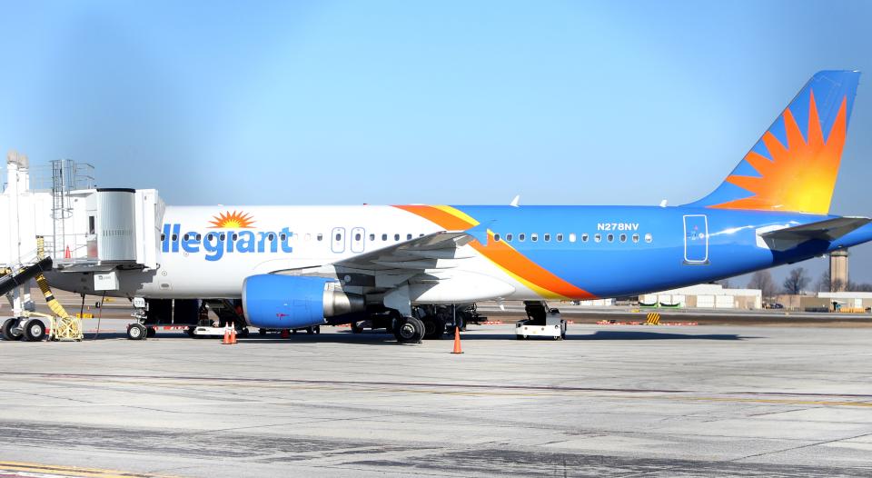 An Allegiant Airlines plane sits on the tarmac Monday, Feb. 12, 2024, at South Bend International Airport for the announcement that Allegiant Airlines will offer South Bend flights to and from Knoxville, Tenn., starting June 14.