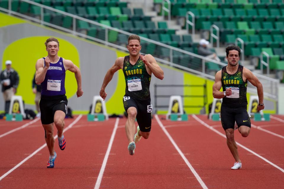 Oregon's Max Vollmer competes in the men's decathlon 100-meter dash at the Pac-12 Track & Field Championships at Hayward Field Friday, May 13, 2022.