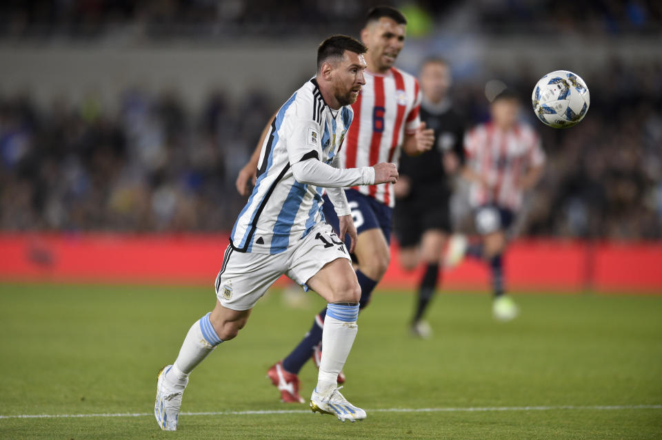 Argentina's Lionel Messi eyes the ball during a qualifying soccer match for the FIFA World Cup 2026 against Paraguay at the Monumental stadium in Buenos Aires, Argentina, Thursday, Oct. 12, 2023. (AP Photo/Gustavo Garello)