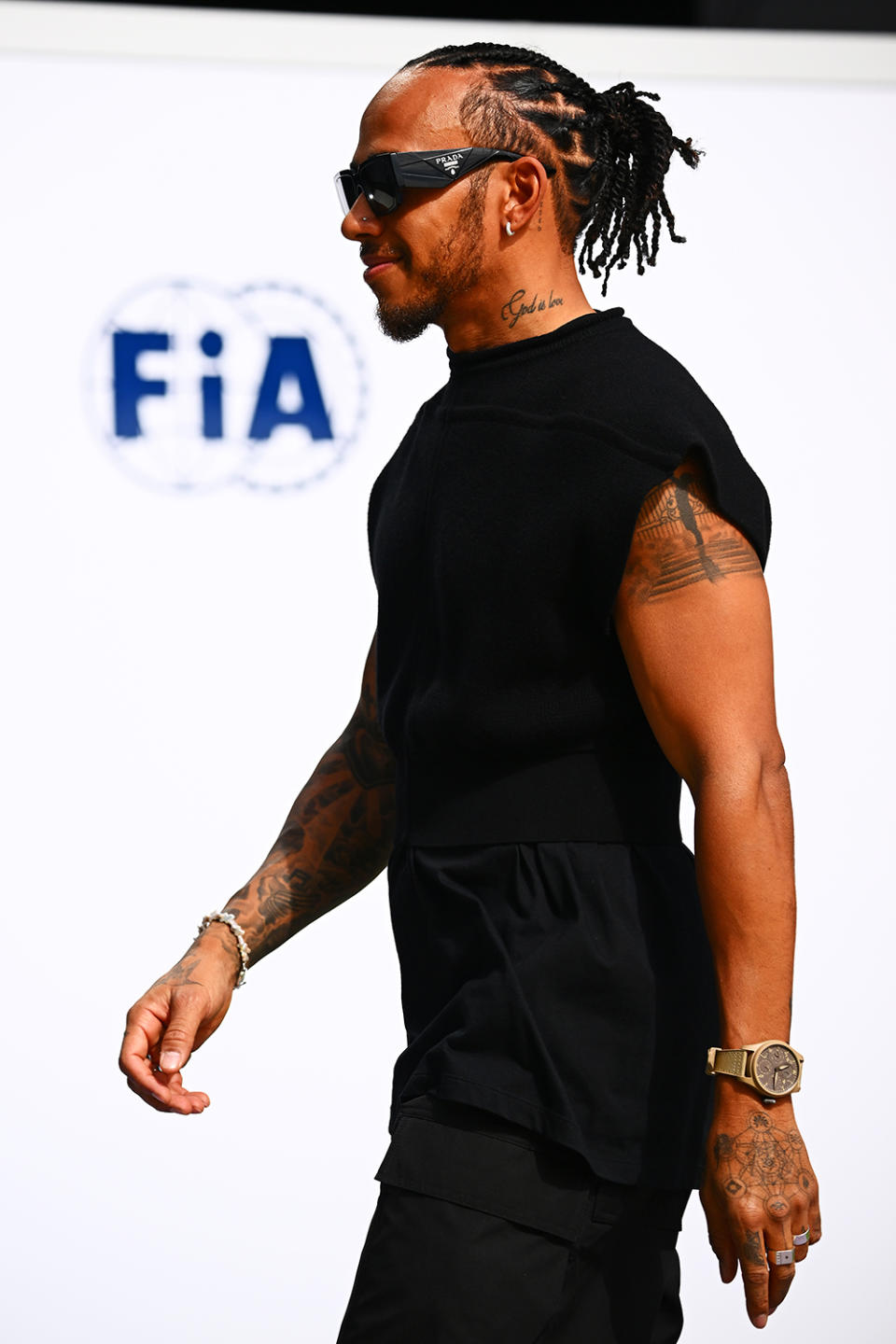 JEDDAH, SAUDI ARABIA - MARCH 18: Lewis Hamilton of Great Britain and Mercedes walks in the Paddock prior to final practice ahead of the F1 Grand Prix of Saudi Arabia at Jeddah Corniche Circuit on March 18, 2023 in Jeddah, Saudi Arabia. (Photo by Clive Mason/Getty Images)