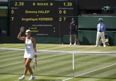 Britain Tennis - Wimbledon - All England Lawn Tennis & Croquet Club, Wimbledon, England - 5/7/16 Germany's Angelique Kerber celebrates winning her match against Romania's Simona Halep REUTERS/Toby Melville