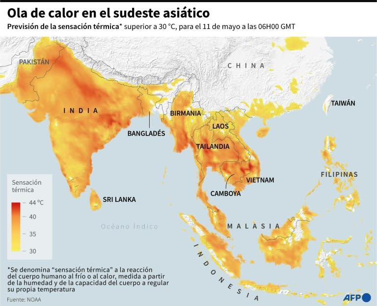 Mapa del sudeste asiático localizando las zonas que tendrán una sensación térmica superior a 30 °C el 11 de mayo de 2024 a las 06H00 GMT (John Saeki, Nicholas Shearman)