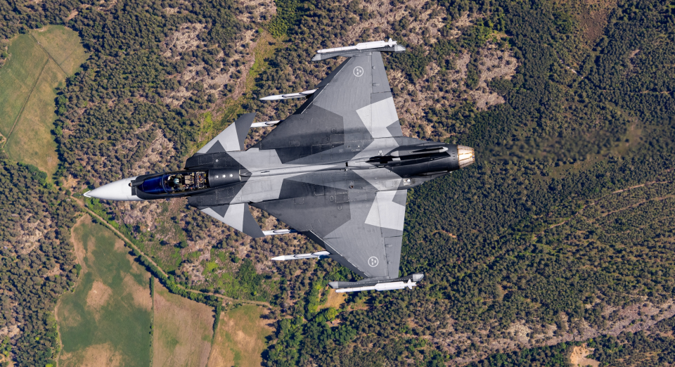 Gripen E serial 6002 with its revised wing planform. <em>Saab</em>