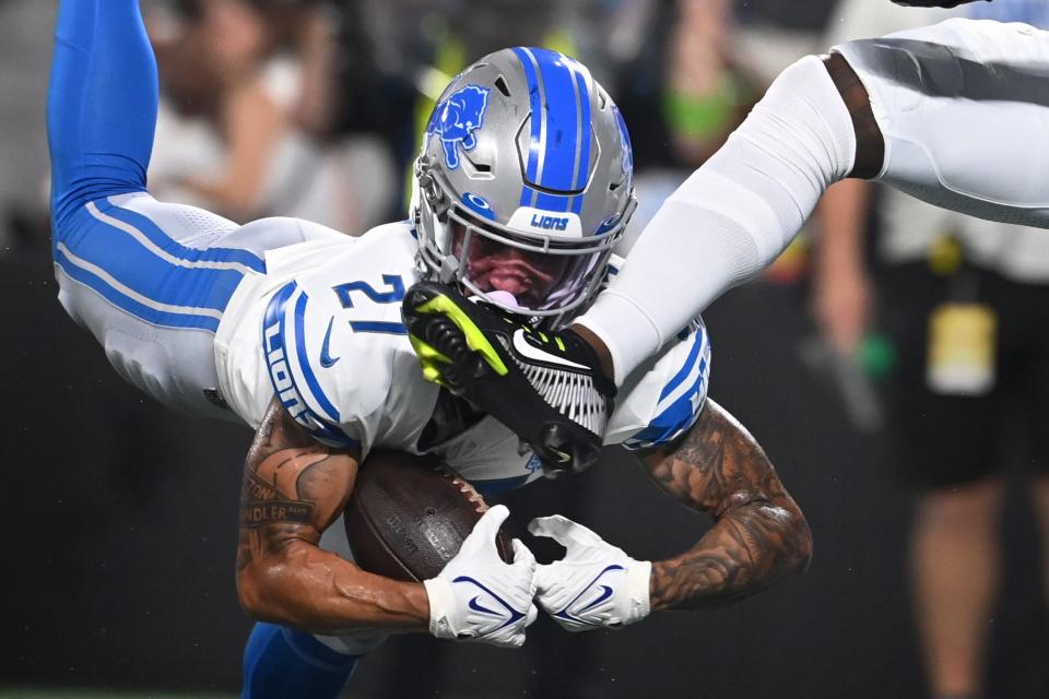 Aug. 25: Detroit Lions cornerback Chase Lucas intercepts a pass in the end zone intended for Carolina Panthers wide receiver Javon Wims.