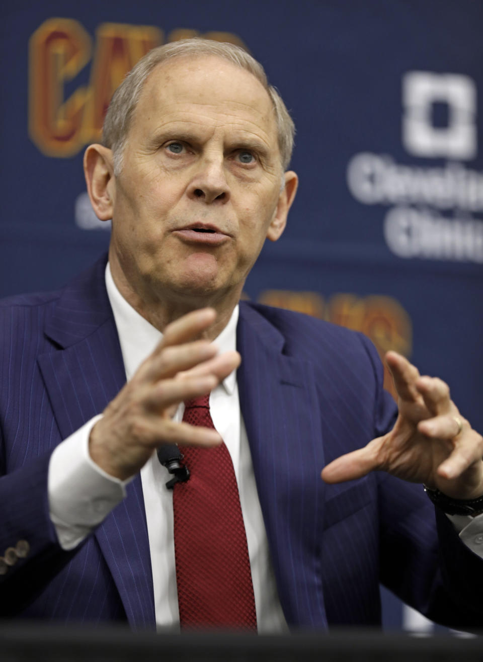 Cleveland Cavaliers head coach John Beilein speaks during a news conference, Tuesday, May 21, 2019, in Independence, Ohio. Beilein left Michigan after a successful 12-year run for what will likely be his last coaching stop, the Cleveland Cavaliers, who believe the 66-year-old can accelerate their rebuild. (AP Photo/Tony Dejak)