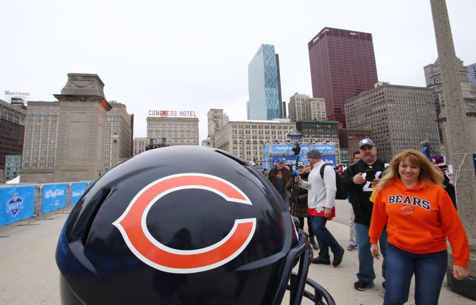 A general view of a large Chicago Bears helmet display in Draft Town in Grant Park before the 2016 NFL Draft.