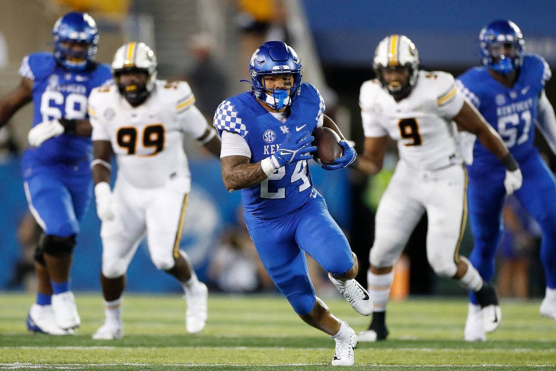 Kentucky running back Christopher Rodriguez (24) carried 27 times for 207 yards in UK’s 35-28 win over Missouri in 2021. “C-Rod” will enter Saturday’s rematch with the Tigers needing 135 rushing yards to move into third on the all-time Kentucky rushing list.