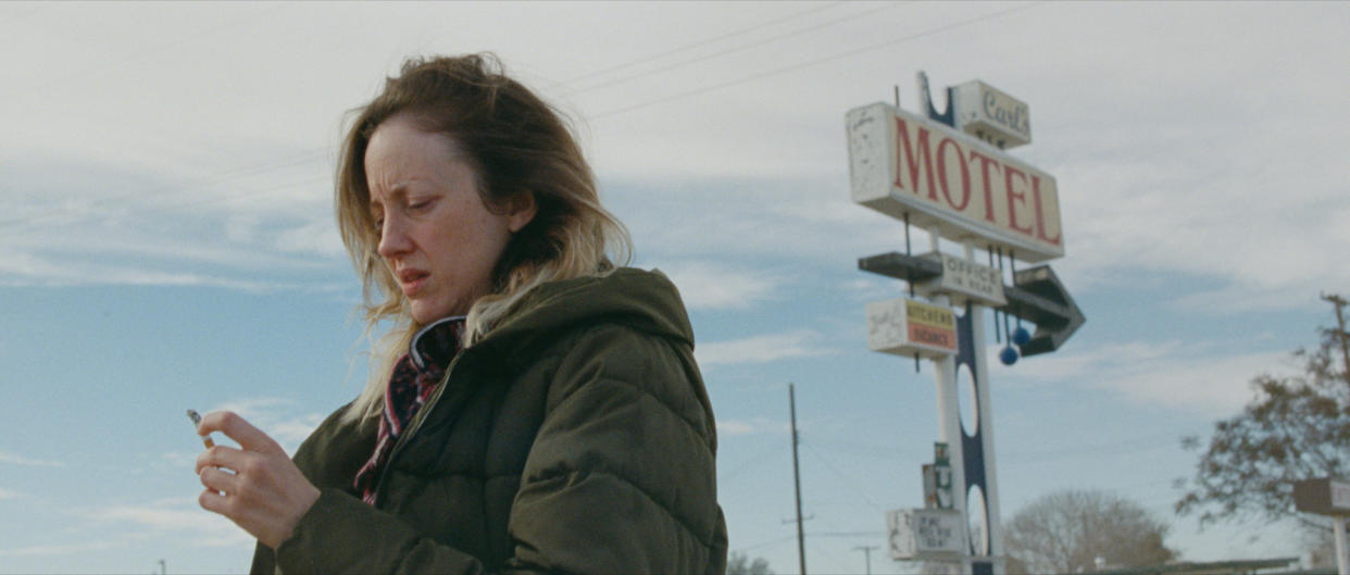 This image released by Momentum Pictures shows Andrea Riseborough in a scene from "To Leslie." (Momentum Pictures via AP)