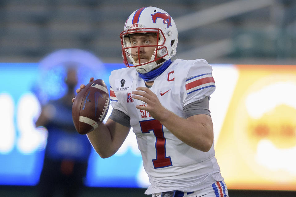 SMU quarterback Shane Buechele is a late-round prospect who might make sense for the Vikings. (AP Photo/Matthew Hinton)