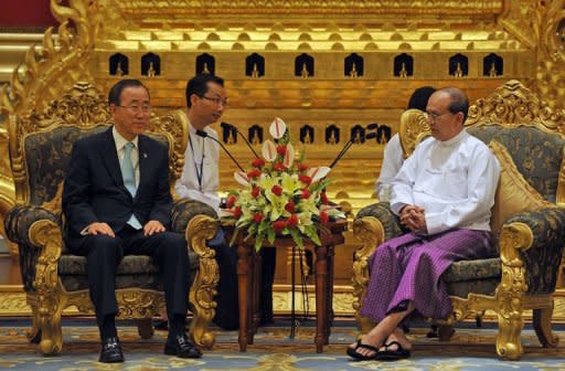 Myanmar President Thein Sein (R) meets United Nations Secretary General Ban Ki-moon at his residence in Naypyidaw on April 30, 2012. Ban urged Western nations to further ease sanctions against Myanmar, in a major show of support for changes sweeping through the former pariah state