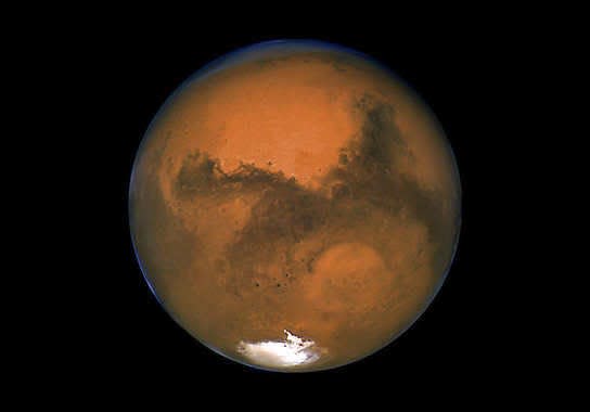 The planet Mars is seen in a 2003 photograph taken by the Hubble Space Telescope.