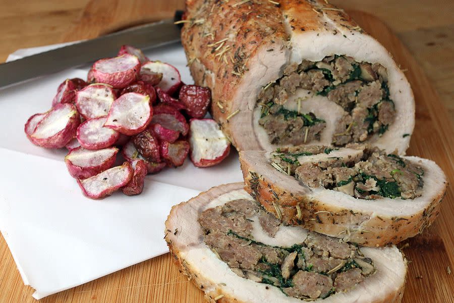 <p>Sick of turkey? Have another option ready with this pork recipe from<a href="https://www.ruled.me/stuffed-pork-tenderloin-and-roasted-radish/" rel="nofollow noopener" target="_blank" data-ylk="slk:Ruled. me;elm:context_link;itc:0;sec:content-canvas" class="link "> Ruled. me</a> that’s low-carb and high in fat for the keto diet. And there’s no shortage of flavor thanks to a filling that reminds you of traditional bread stuffing. Plus, it’s done in under two hours.</p>