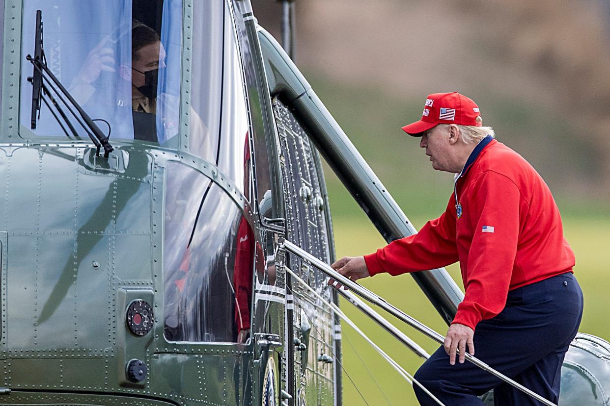 President Donald Trump walks to Marine One at Trump National Golf Club on November 27, 2020 in Sterling, Virginia. President Trump heads to Camp David for the weekend after playing golf. (Photo by Tasos Katopodis/Getty Images) (Photo by Tasos Katopodis/Getty Images) (Getty Images)