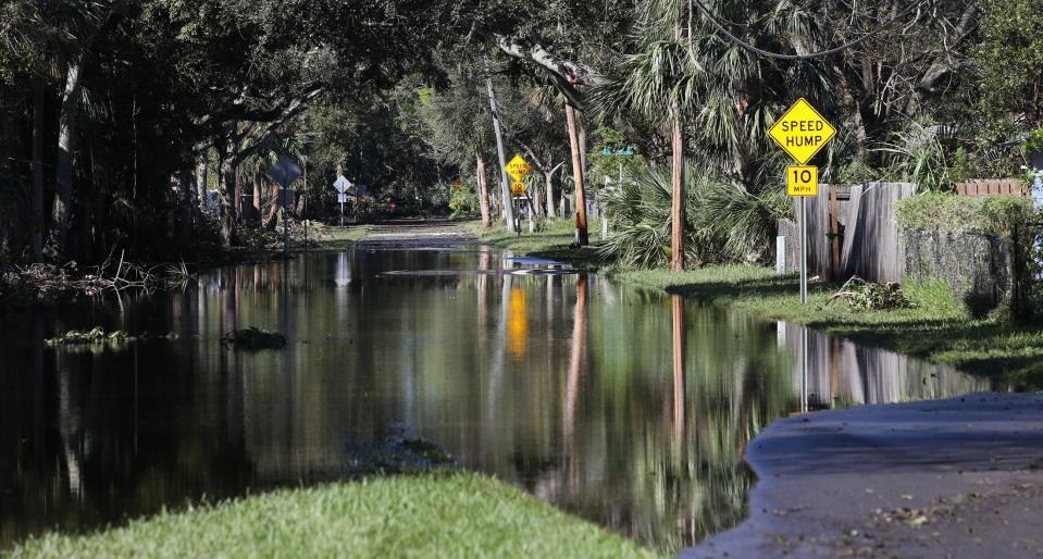 A section of Shady Place west of Niles Street in Daytona Beach is still covered by water on Sunday as the area continues to feel the effects of Tropical Storm Ian.
