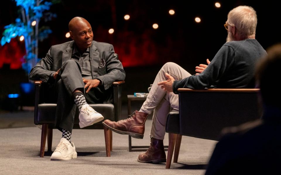 Dave Chappelle being interviewed by David Letterman in 2020 - NETFLIX