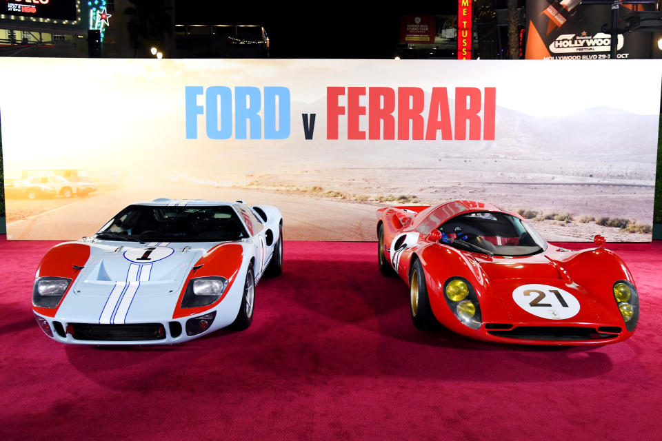 HOLLYWOOD, CALIFORNIA - NOVEMBER 04: Cars on display at the Premiere of FOX's "Ford V Ferrari" at TCL Chinese Theatre on November 04, 2019 in Hollywood, California. (Photo by Kevin Winter/Getty Images)