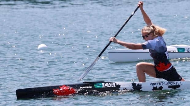 Canada's Laurence Vincent Lapointe paddling in her heat race of the C1 200m. (Yara Nardi/Reuters - image credit)