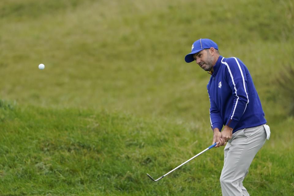 Team Europe's Sergio Garcia hits to the 11th green during a practice day at the Ryder Cup at the Whistling Straits Golf Course Tuesday, Sept. 21, 2021, in Sheboygan, Wis. (AP Photo/Jeff Roberson)