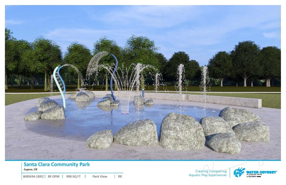 A rendering of the Spray Play feature planned for the Santa Clara Community Park exemplifies the intention of developing exceptional park systems across Eugene to better serve communities of all ages, abilities, interests and locations.