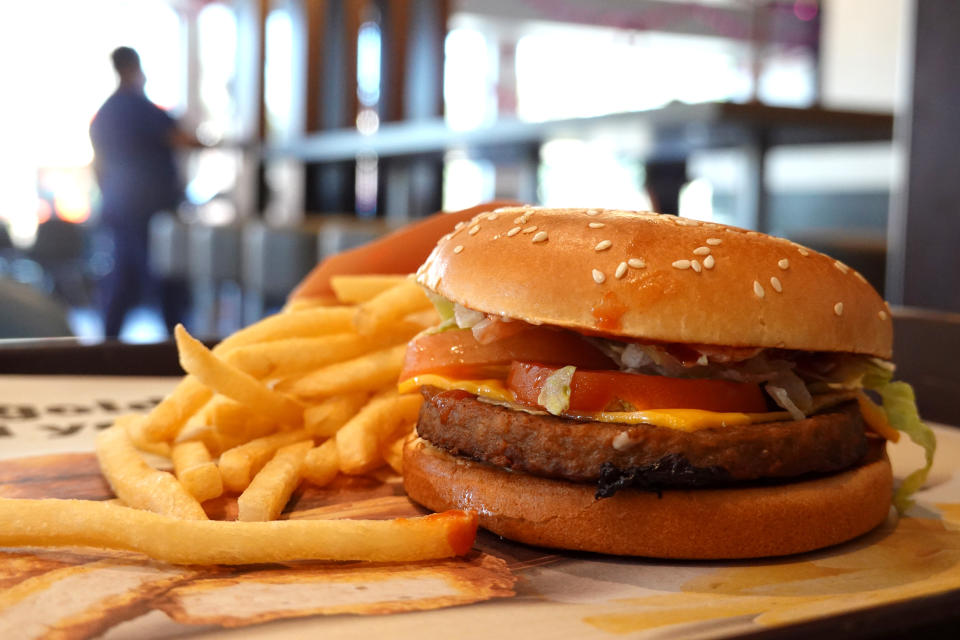 meat substitutes SAN RAFAEL, CALIFORNIA - FEBRUARY 14: In this photo illustration, a McDonald's McPlant Beyond Meat burger is displayed with french fries at a McDonald's restaurant on February 14, 2022 in San Rafael, California. Nearly three years after Burger King and Carl's Jr. rolled out meat-free burgers, McDonald's has debuted its McPlant burger made with a Beyond Meat vegetarian patty. For a limited time the burger is being offered at 600 McDonald's restaurants across the country. (Photo illustration by Justin Sullivan/Getty Images)