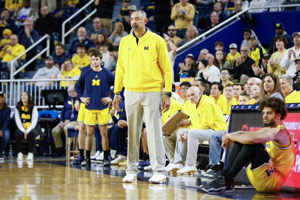 Juwan Howard head coach of the Michigan Wolverines looks on in the first half of a game against the Purdue Boilermakers at Crisler Arena on Sunday, Feb. 25, 2024, in Ann Arbor, Michigan.