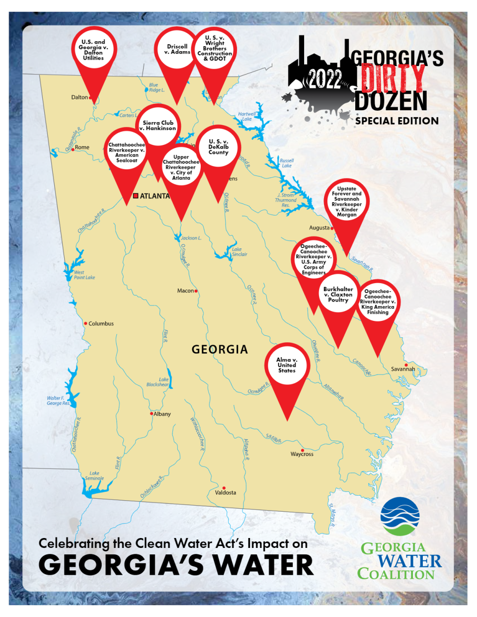 Georgia Water Coalition's 2022 "Dirty Dozen" highlighted cases throughout Georgia which have been addressed since the passage of the Clean Water Act 50 years ago.