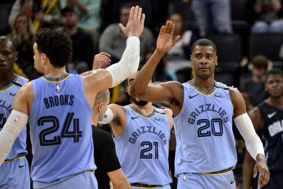 Memphis Grizzlies guard Josh Jackson (20) gets a high-five from guard Dillon Brooks (24) during the second half of the team's NBA basketball game against the Orlando Magic on Tuesday, March 10, 2020, in Memphis, Tenn. (AP Photo/Brandon Dill)