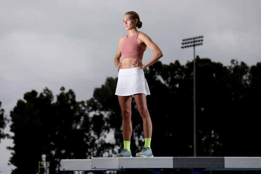 LOS ANGELES, CA - MAY 30: Colleen Quigley, 30, of Los Angeles, steeplechaser/triathlete, at Drake Stadium.