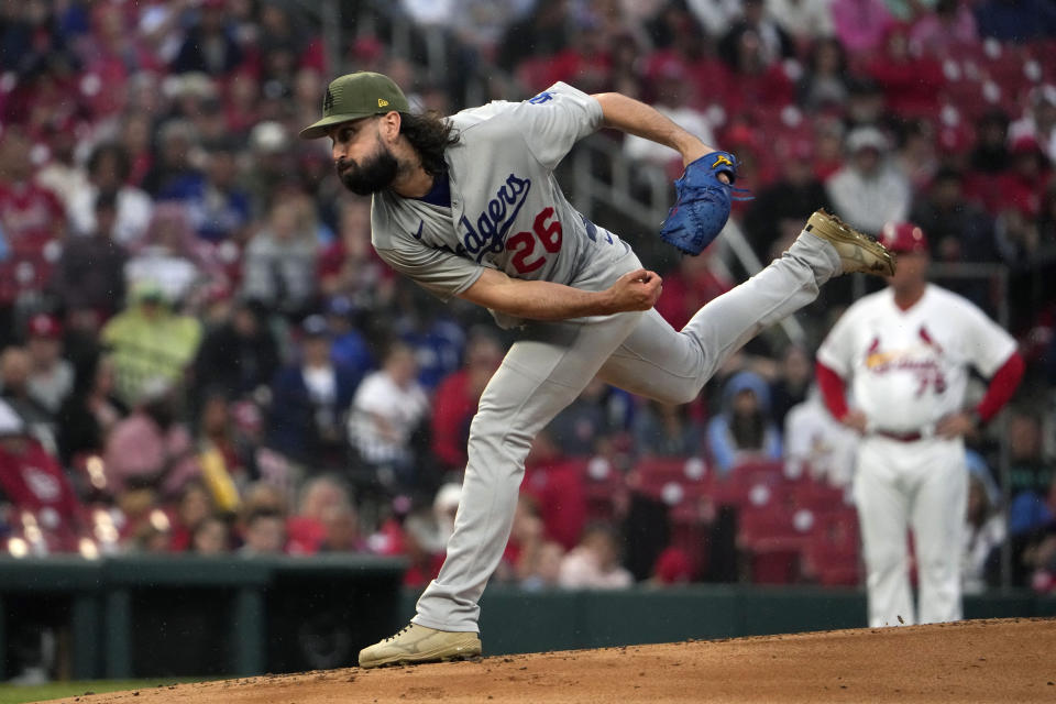 Los Angeles Dodgers starting pitcher Tony Gonsolin throws during the first inning of a baseball game against the St. Louis Cardinals Friday, May 19, 2023, in St. Louis. (AP Photo/Jeff Roberson)