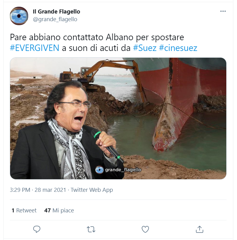 <p>C’è chi ha pensato che a disincagliare la nave sia stato Matteo Salvini e chi giura di aver visto il cargo muoversi dopo gli acuti di Al Bano. Qualche utente ritiene che a riportare la pace nel Canale di Suez sia stato in realtà Godzilla, e tutti concordano che a sorvegliare le operazioni dei rimorchiatori siano stati gli anziani, immancabili osservatori dei cantieri...</p> 