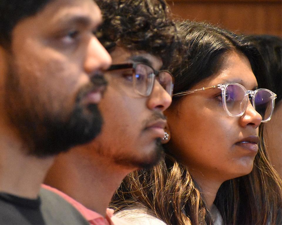 Victim's children Abhishek, Murali and Anjali Mahaseth during Nelson Coelho's sentencing Tuesday May 7 2024.