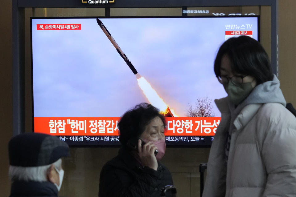 A TV screen shows a file image of a North Korean missile launch during a news program broadcast at the Seoul Railway Station in Seoul, South Korea, Friday, Feb. 24, 2023. North Korea on Friday said it test-fired long-range cruise missiles in waters off its eastern coast a day earlier, adding to a provocative streak in weapons demonstrations as its rivals step up military training. (AP Photo/Ahn Young-joon)