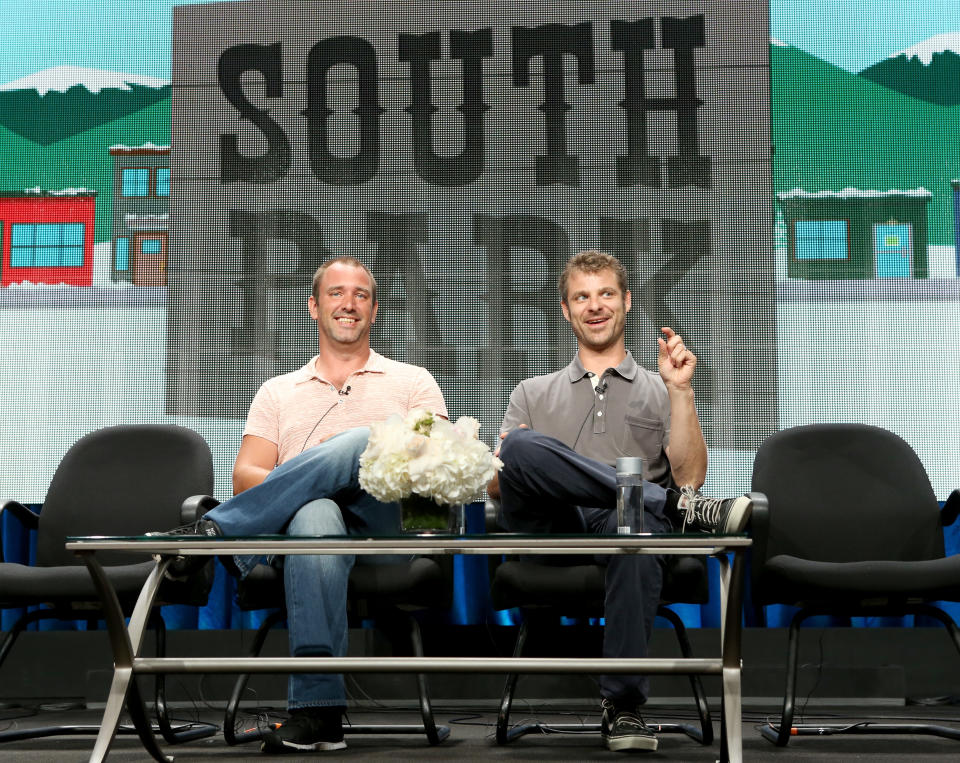 BEVERLY HILLS, CA - JULY 12:  Writer/creators Trey Parker (L) and Matt Stone speak onstage during the 'South Park' panel at Hulu's TCA Presentation at The Beverly Hilton Hotel on July 12, 2014 in Beverly Hills, California.  (Photo by Jesse Grant/Getty Images for Hulu)