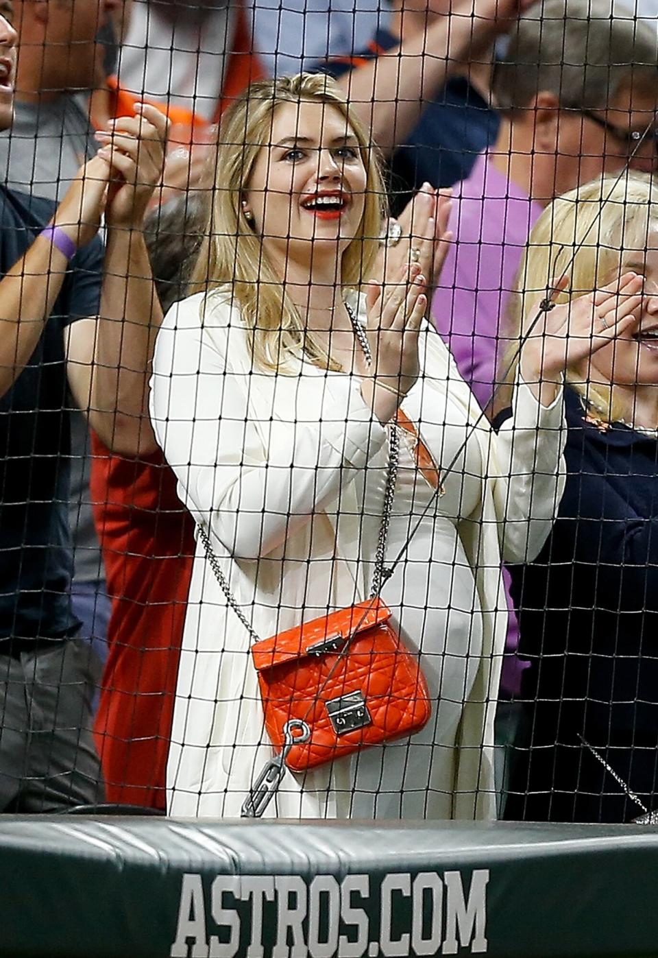 Kate Upton, celebrates after the Houston Astros defeated the Cleveland Indians 3-1 in Game Two of the American League Division Series at Minute Maid Park on October 6, 2018 in Houston, Texas
