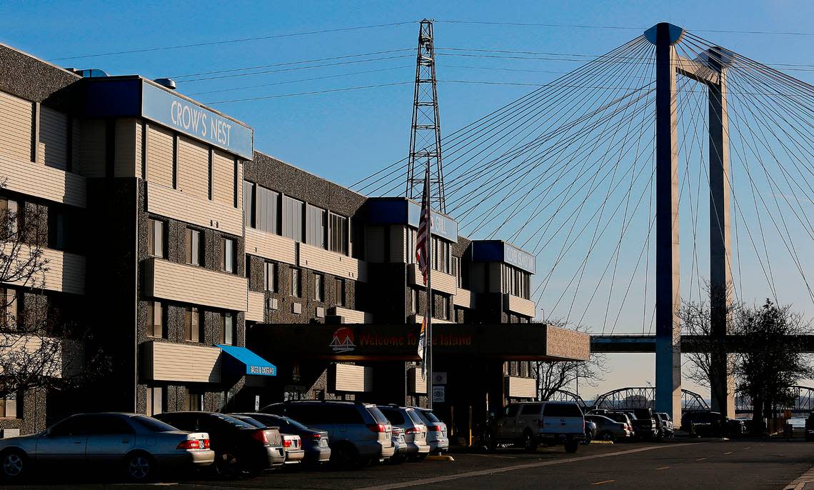 The Clover Island Inn motel sits on shoreline of the Columbia River near the cable bridge in Kennewick.