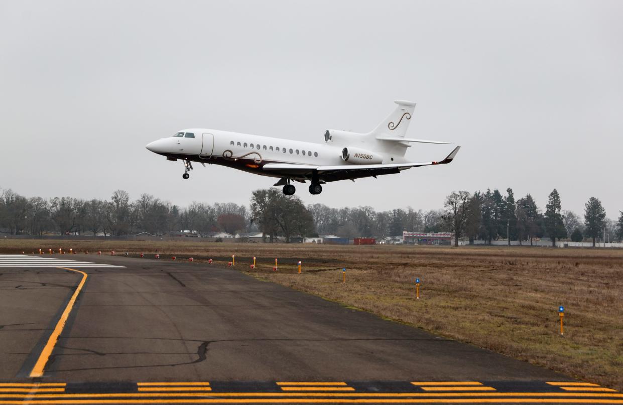 A private jet lands at the Salem Municipal Airport Dec. 7. OFficials will hold a mass casualty drill at the airport Thursdsay as part of federal requirements to resume commercial air travel.