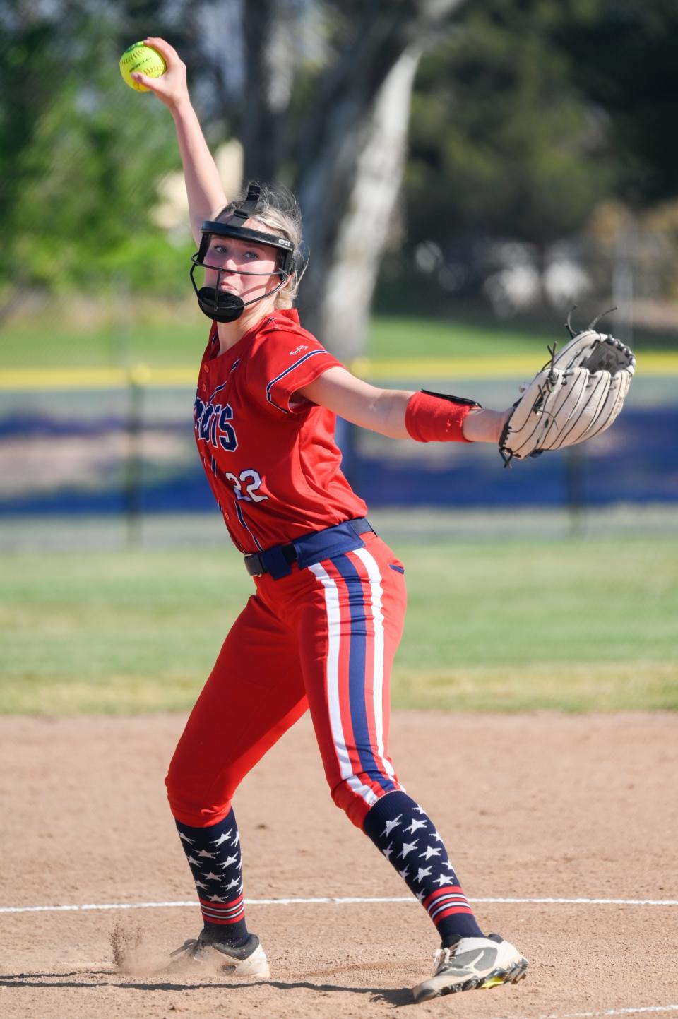 Hesperia Christian's Macy Piorkowski throws a pitch during the first round of CIF-Southern Section Division 8 Championships against St. Pius X-St. Matthias Academy on Thursday, May 3, 2024 in Hesperia. Hesperia Christian defeated St. Pius X-St. Matthias Academy 19-2 to advance to the quarter final.