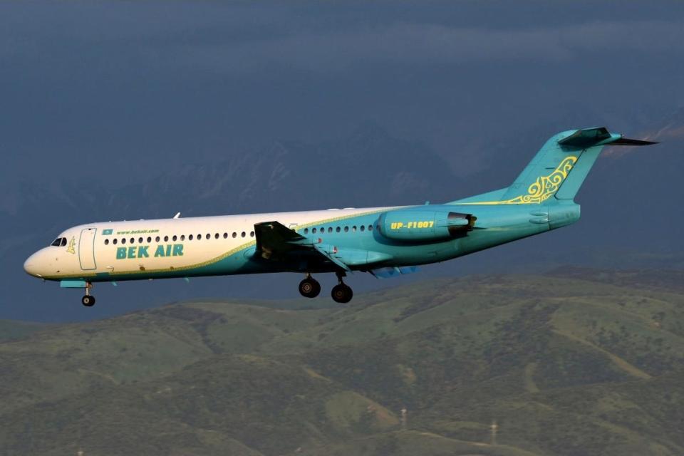 The Fokker 100 aircraft with tail number UP-F1007, operated by Bek Air, is seen on this picture taken in Almaty, Kazakhstan June 8, 2018. Picture taken June 8, 2018.