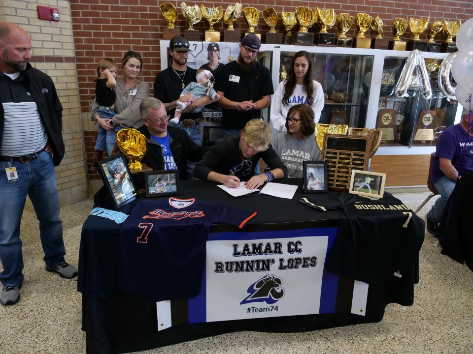 Bushland's Josh Bass signs to play baseball for Lamar Community College on Thursday, Nov. 10, 2022 at Bushland High School