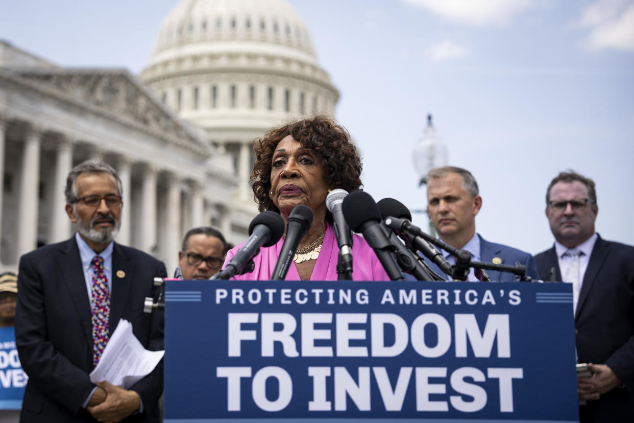 WASHINGTON, DC - JULY 12: At center, Rep. Maxine Waters (D-CA) speaks during a news conference with Democratic members of the House Financial Services Committee and the Sustainable Investment Caucus at the U.S. Capitol on July 12, 2023 in Washington, DC. The lawmakers discussed corporate environmental and social policy investing. (Photo by Drew Angerer/Getty Images)
