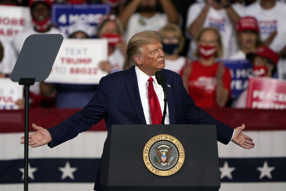 Donald Trump hablando durante un acto de campaña en Winston-Salem, Carolina del Norte, el 8 de septiembre del 2020. (AP Photo/Chris Carlson)