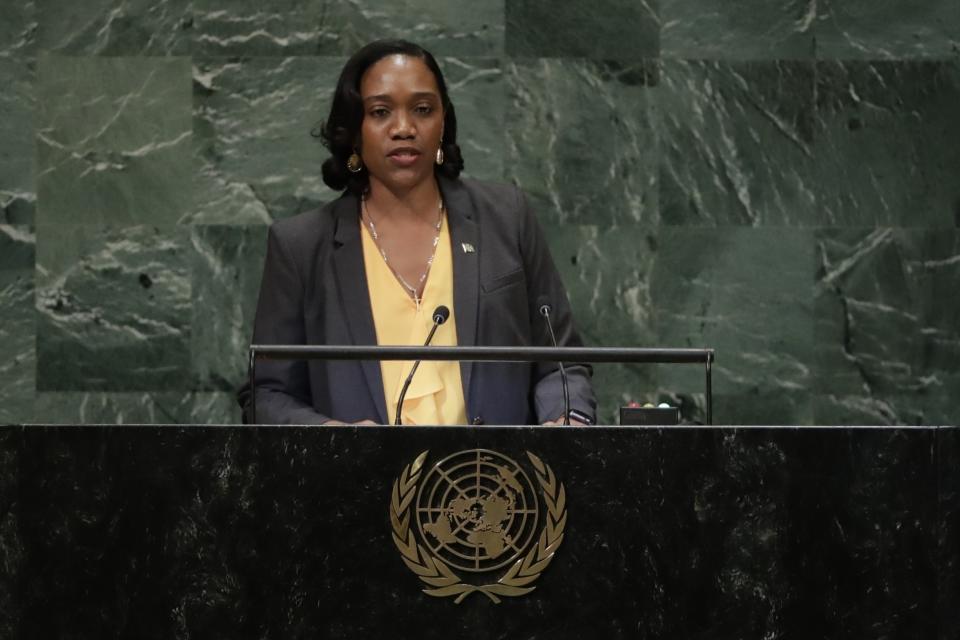Foreign Minister for Dominica, Francine Baron, addresses the 73rd session of the United Nations General Assembly Saturday, Sept. 29, 2018, at the United Nations headquarters. (AP Photo/Frank Franklin II)