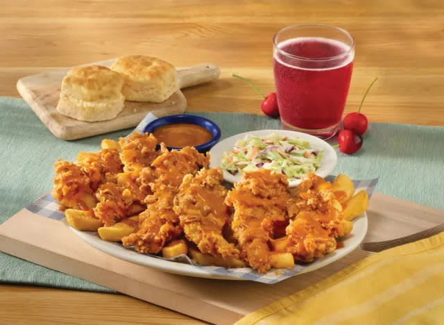 cracker barrel's fried chicken tenders, buttermilk biscuits, sweet cherry spritzer